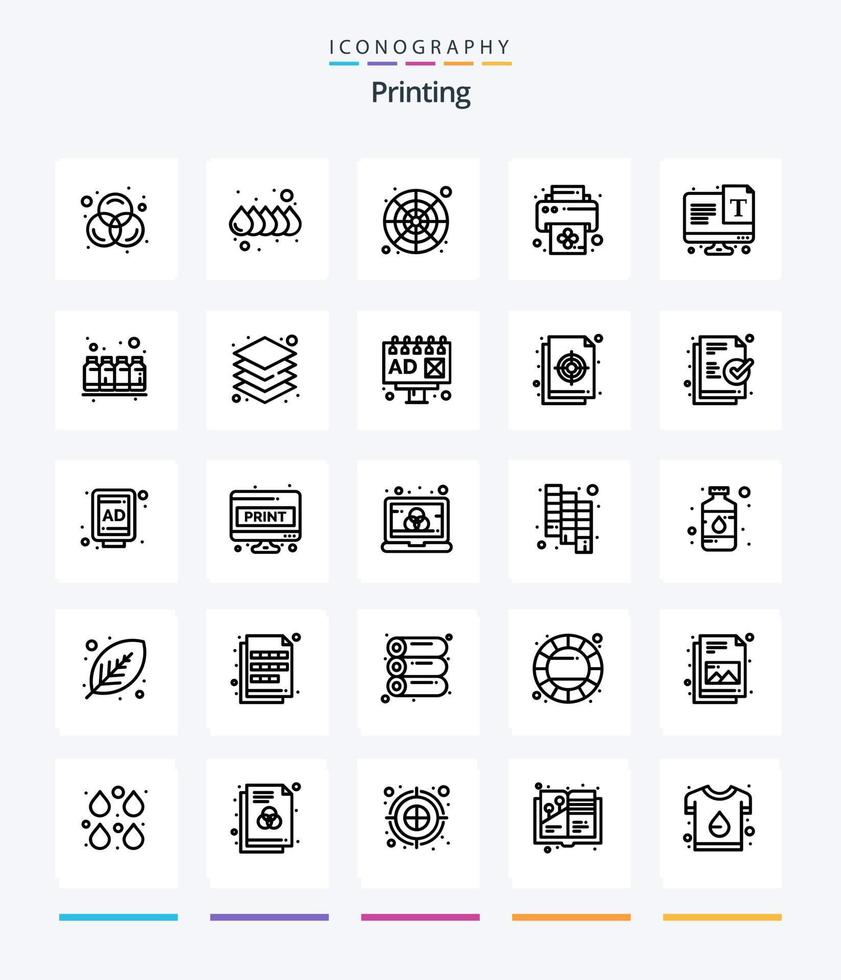 impressão criativa 25 pacote de ícones de contorno, como fonte. texto. paleta de cores. tela. imprimir vetor