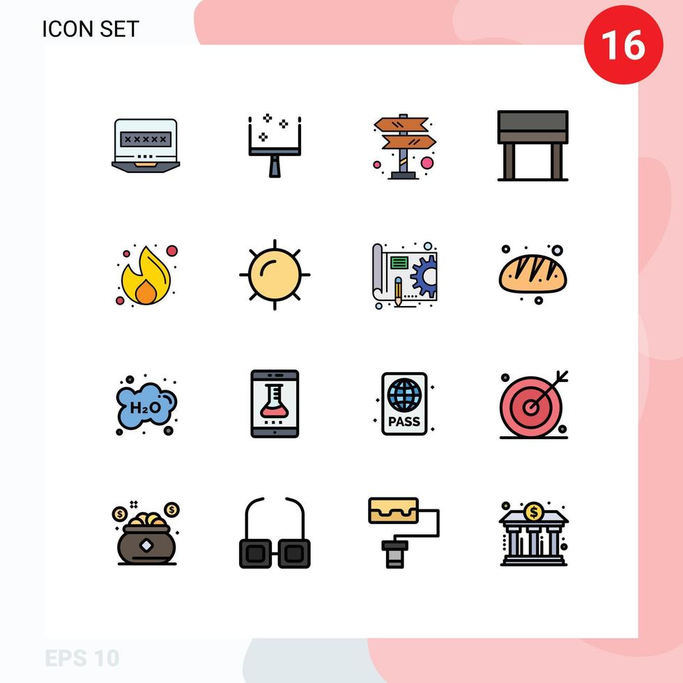 16 conceito de linha cheia de cores planas para sites móveis e aplicativos, dinheiro, fogo, viagem, interior de negócios, elementos de design de vetores criativos editáveis