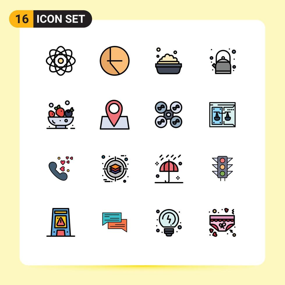 pacote de 16 linhas cheias de cores planas modernas, sinais e símbolos para mídia impressa na web, como mapa de férias, lavagem, bebida, bagas, elementos de design de vetores criativos editáveis
