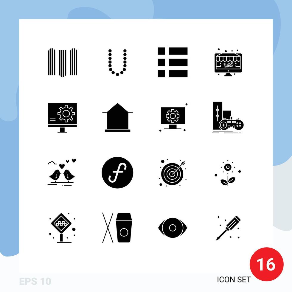 16 sinais universais de glifo sólido, símbolos de desenvolvimento de monitor de quadro de pc, desconto, elementos de design de vetores editáveis
