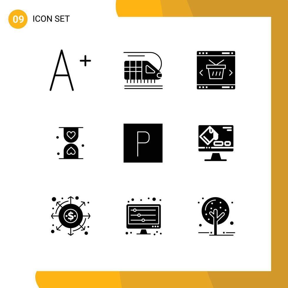 conjunto de glifos sólidos de interface móvel de 9 pictogramas de elementos de design de vetores editáveis de vidro de espera de compras