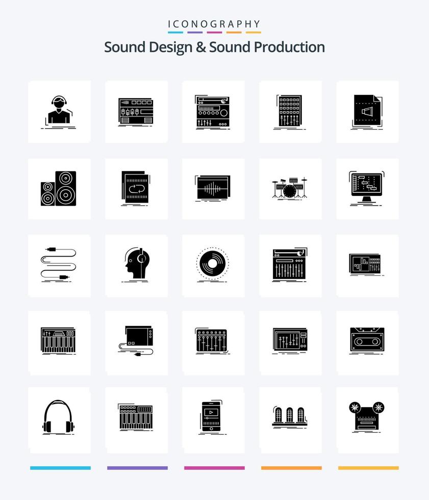 design de som criativo e produção de som Pacote de ícones preto sólido de 25 glifos, como mix. áudio. rackmount. estúdio. módulo vetor