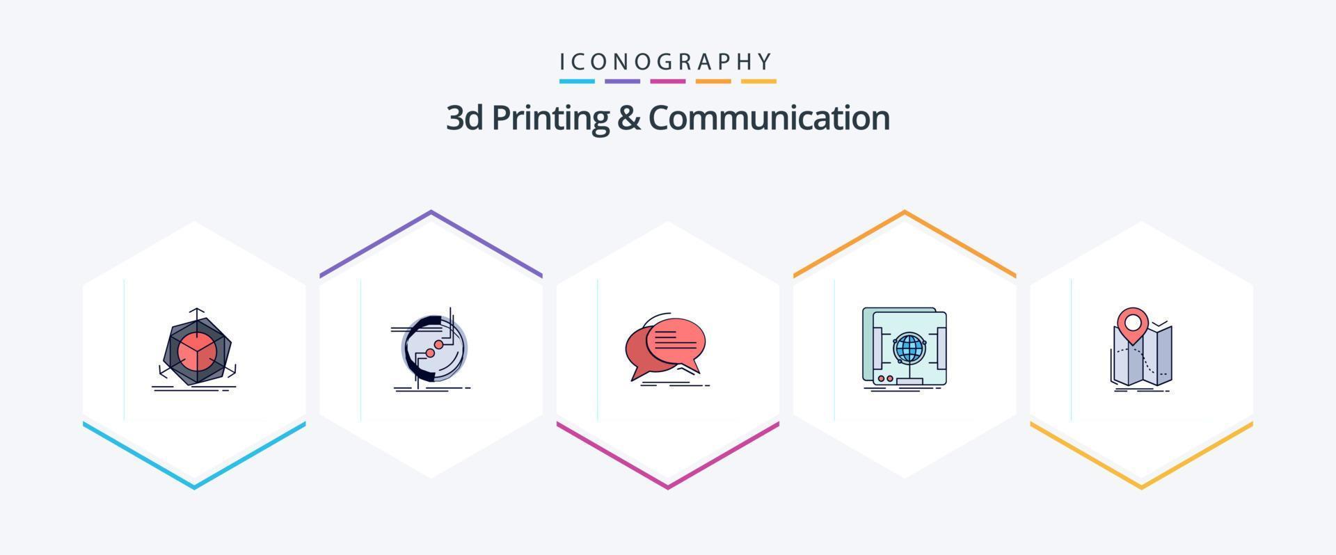 Pacote de ícones de impressão e comunicação 3D com 25 linhas preenchidas, incluindo holográfico. 3d. ligação. conversa. comunicação vetor