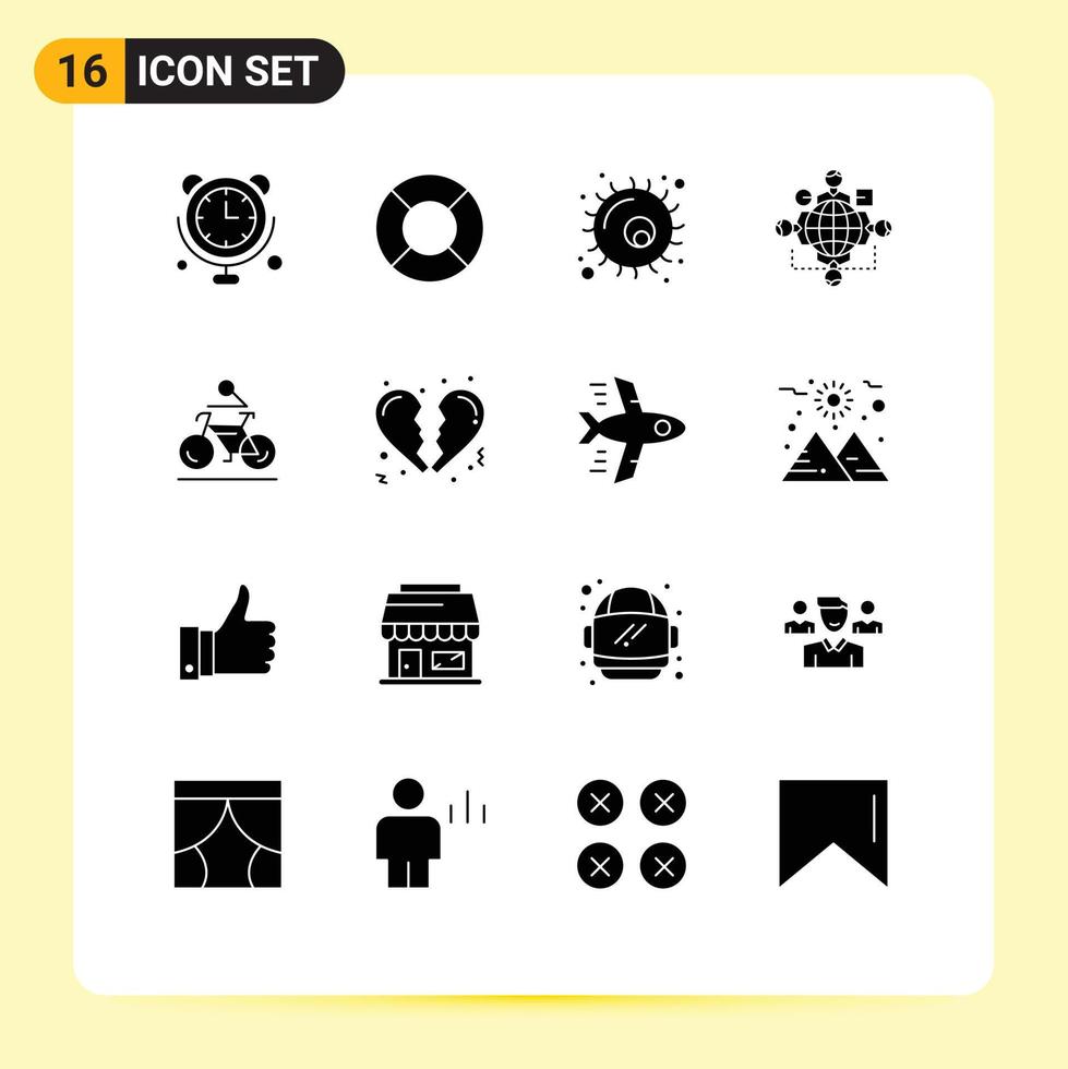 16 interface do usuário pacote de glifos sólidos de sinais e símbolos modernos de instrução de operação de biologia de reunião de bicicleta elementos de design de vetores editáveis