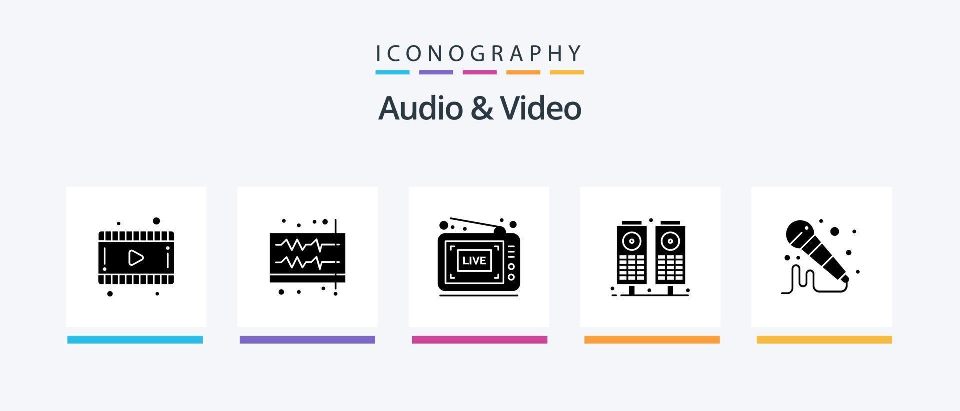 pacote de ícones de glifo 5 de áudio e vídeo, incluindo som. microfone. transmissão. alto falante. música. design de ícones criativos vetor
