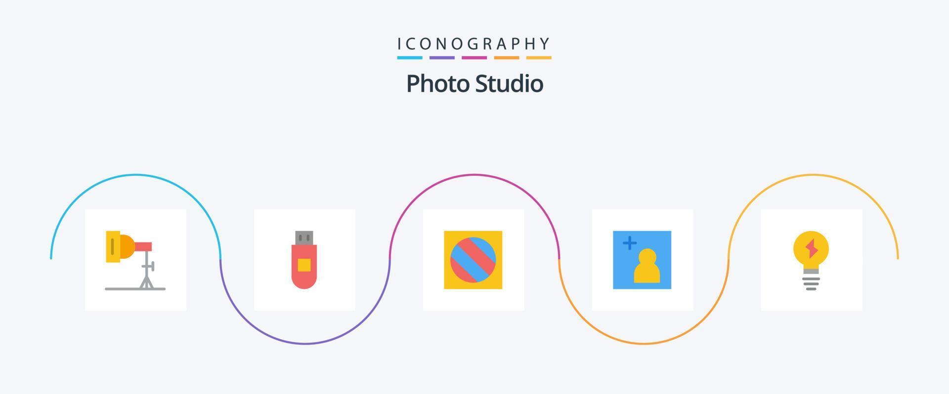 pacote de ícones de estúdio fotográfico plano 5, incluindo . claro. edição. lâmpada. adicionar vetor