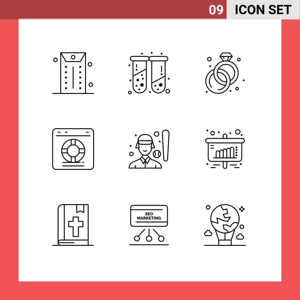 pacote de ícones vetoriais de estoque de 9 sinais e símbolos de linha para serviço de joias de beisebol feminino on-line elementos de design de vetores editáveis