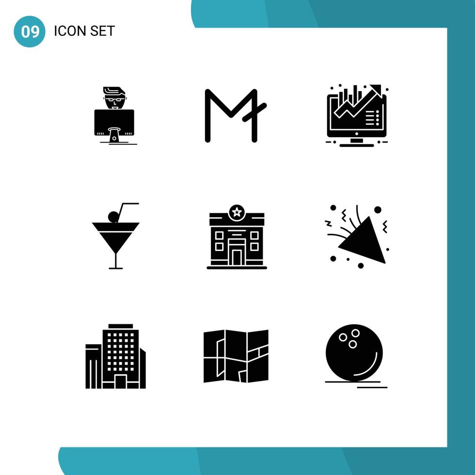 9 interface do usuário pacote de glifos sólidos de sinais e símbolos modernos de restaurante de negócios da cidade bebem elementos de design de vetores editáveis