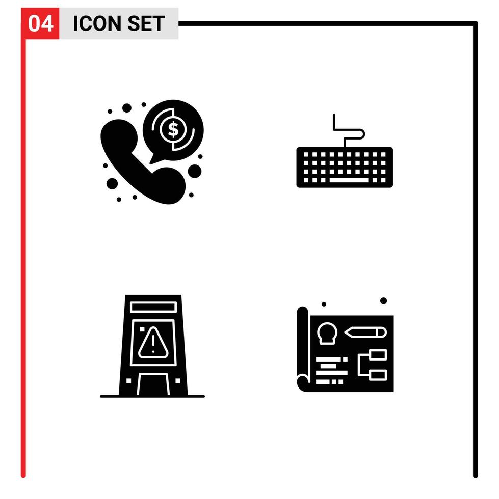 pacote de 4 glifos sólidos criativos de aviso de hardware de investimento de sinal de dinheiro elementos de design de vetores editáveis
