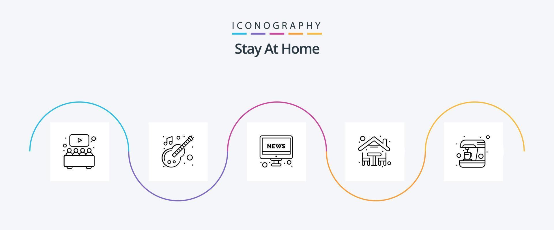 fique em casa linha 5 pacote de ícones incluindo cozinha. noite. fique em casa. refeição. jantar vetor