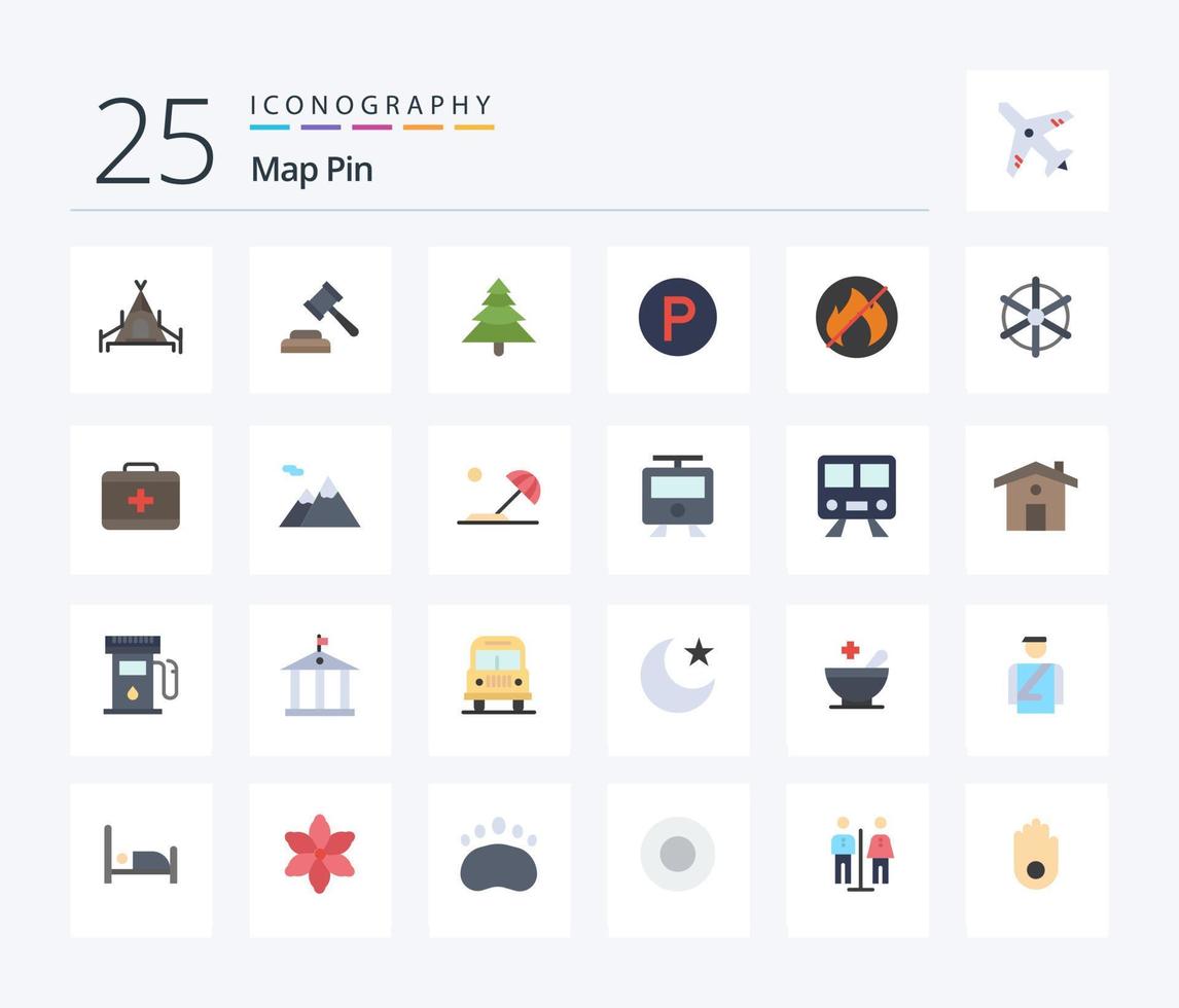 mapa pin 25 pacote de ícones de cores planas, incluindo roda de navio. barco. árvore. não. acampamento vetor