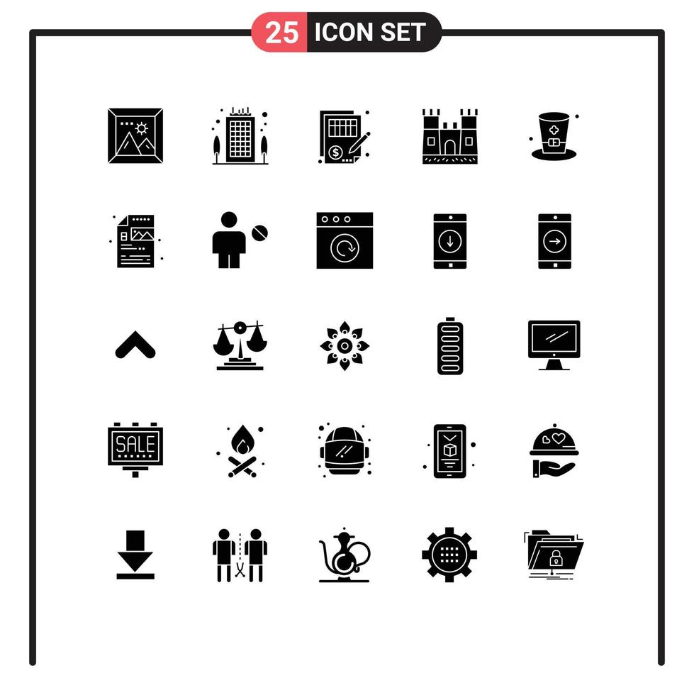 conjunto de 25 símbolos de símbolos de ícones de interface do usuário modernos para bebida, castelo de areia, precisão, castelo, dinheiro, elementos de design de vetores editáveis