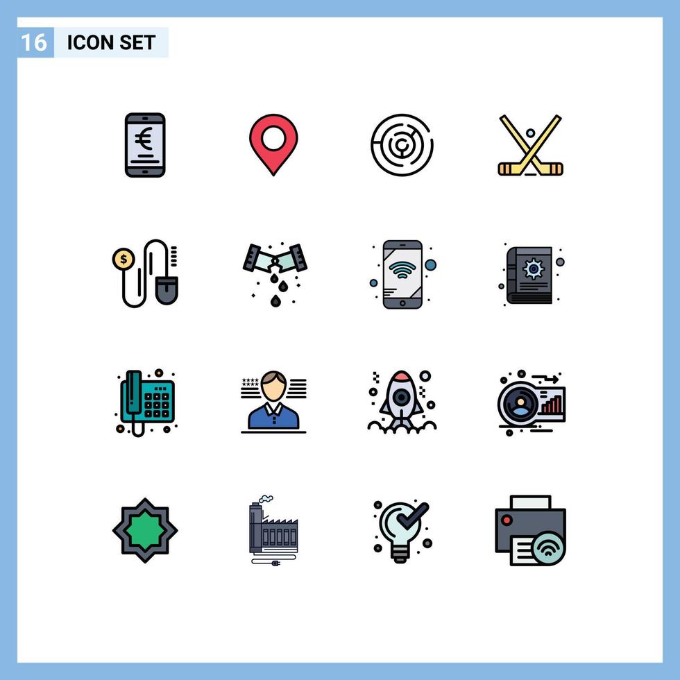 16 interface do usuário pacote de linhas preenchidas com cores planas de sinais e símbolos modernos do emblema do mundo do hóquei stick alvo elementos de design de vetores criativos editáveis