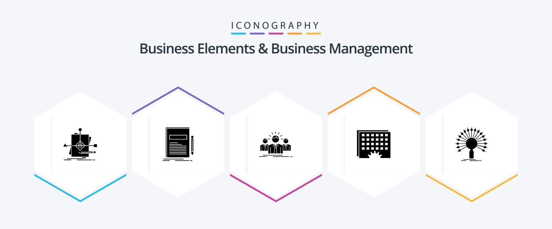 elementos de negócios e pacote de ícones de 25 glifos de gerenciamento de negócios, incluindo processamento. evento. papel. líder. empregado vetor
