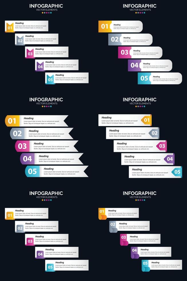 modelo de slide de apresentação de pacote de infográficos vetor 6 diagramas de ciclo de 5 etapas e linhas do tempo