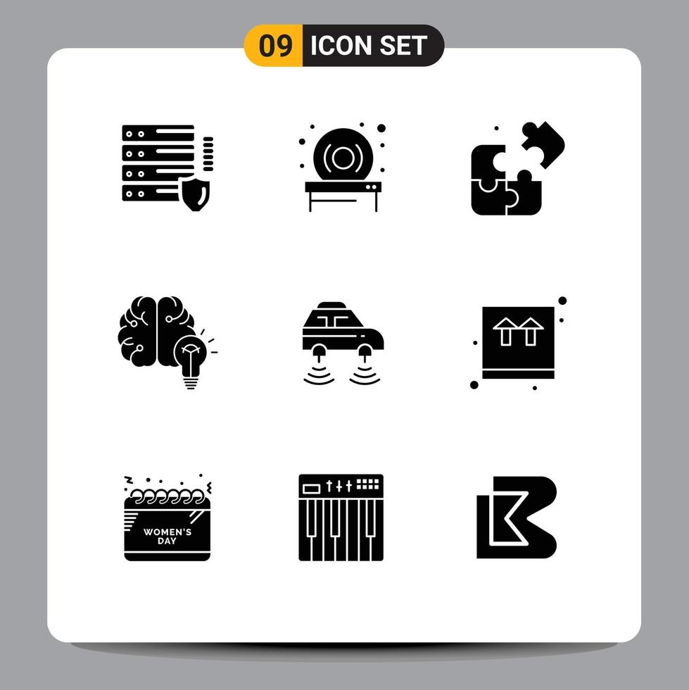 pacote de interface do usuário de 9 glifos sólidos básicos de elementos de design de vetores editáveis de cérebro de quebra-cabeça de carro de rede