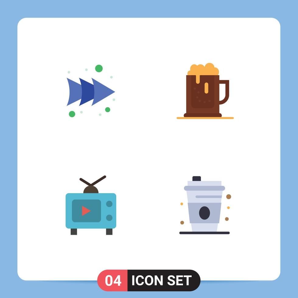 4 ícones planos universais definidos para aplicações web e móveis seta televisão álcool festa bebida vídeo elementos de design de vetores editáveis