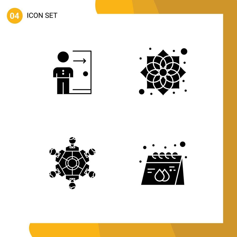 conjunto de glifos sólidos de interface móvel de 4 pictogramas de demissão trabalho de flores cooperação pessoal elementos de design de vetores editáveis