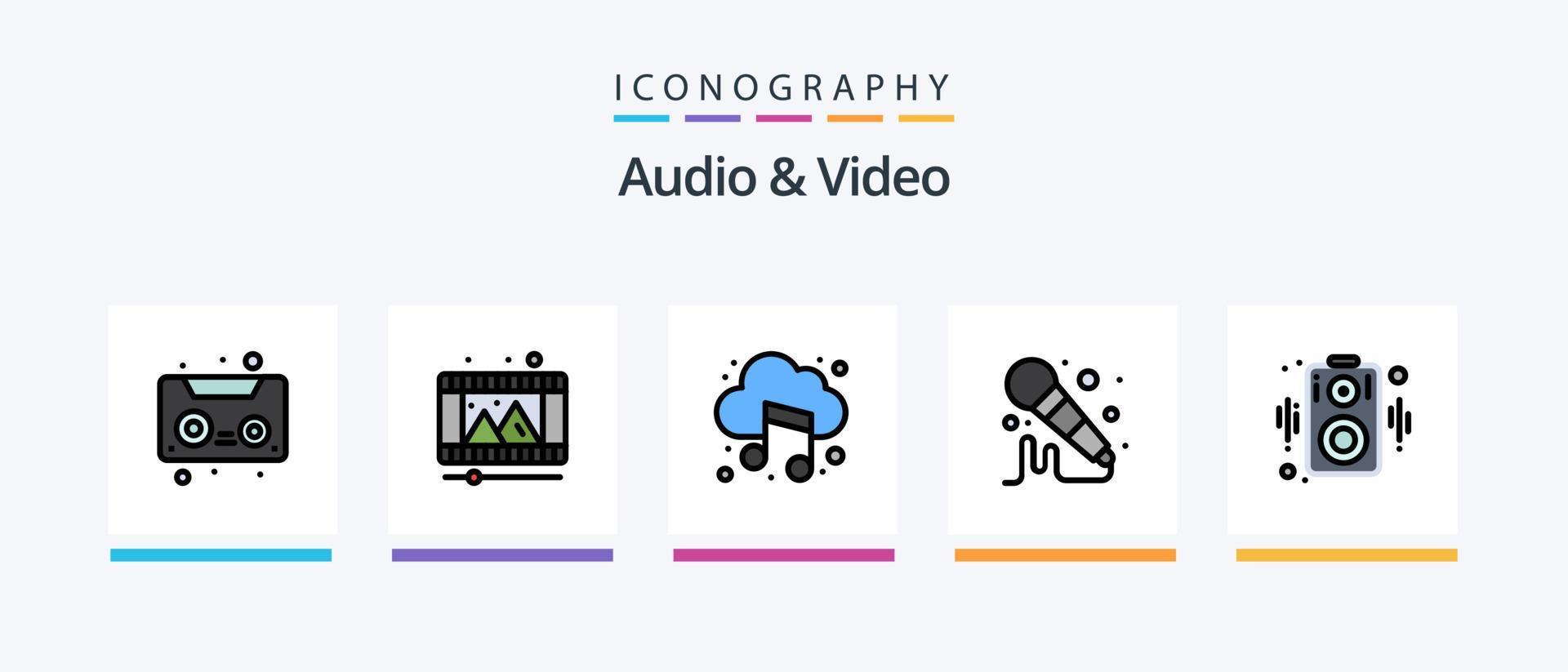 linha de áudio e vídeo cheia de 5 ícones incluindo carretel. filme. áudio. alto falante. música. design de ícones criativos vetor