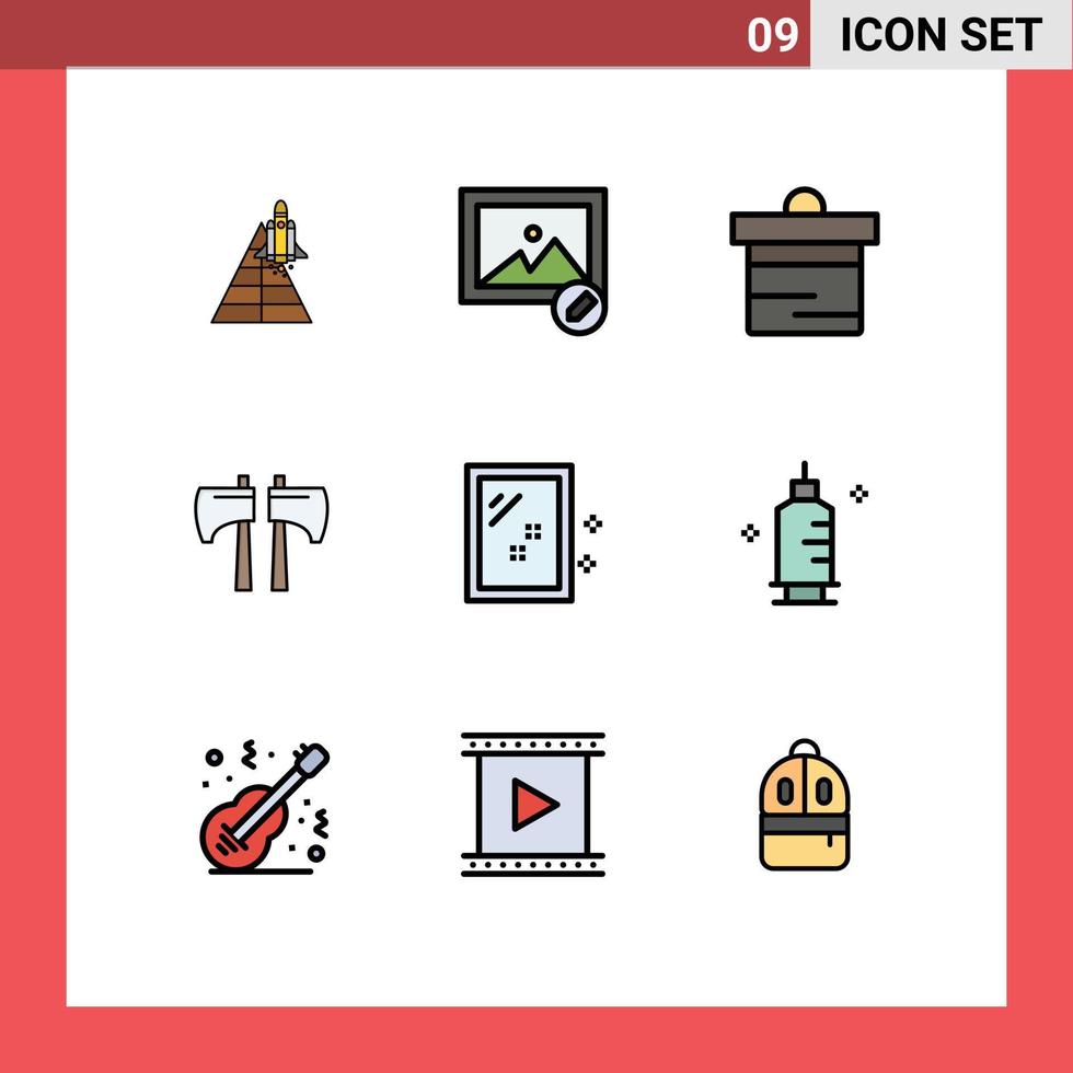 conjunto de pictogramas de 9 cores planas de linha preenchida simples de depósito de ferramenta de espelho machado de lenhador elementos de design de vetores editáveis