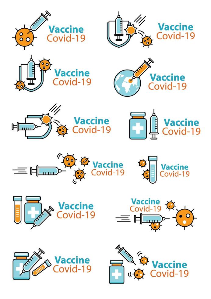 Sinal de vacina de coronavírus e símbolo para adesivo, banner, cartaz, site. vetor