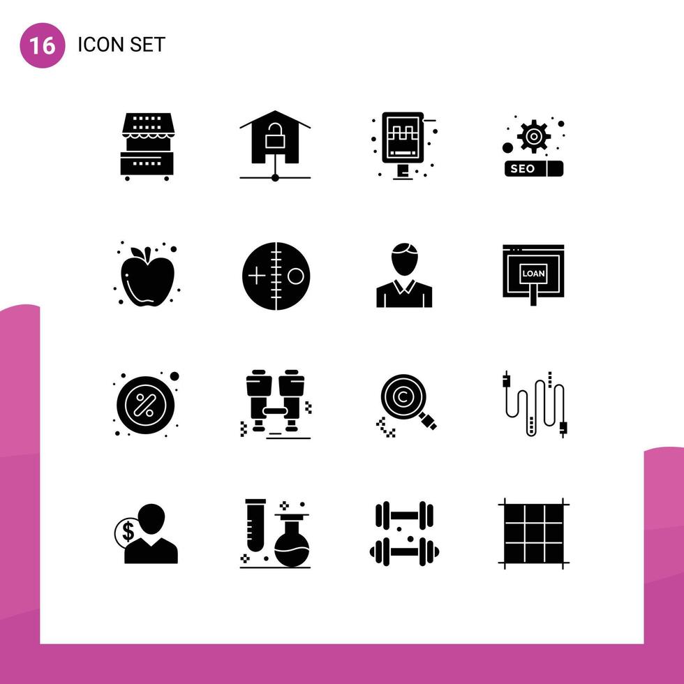 16 conceito de glifo sólido para sites móveis e aplicativos apple seo estação de engrenagem doméstica inteligente elementos de design vetorial editáveis vetor