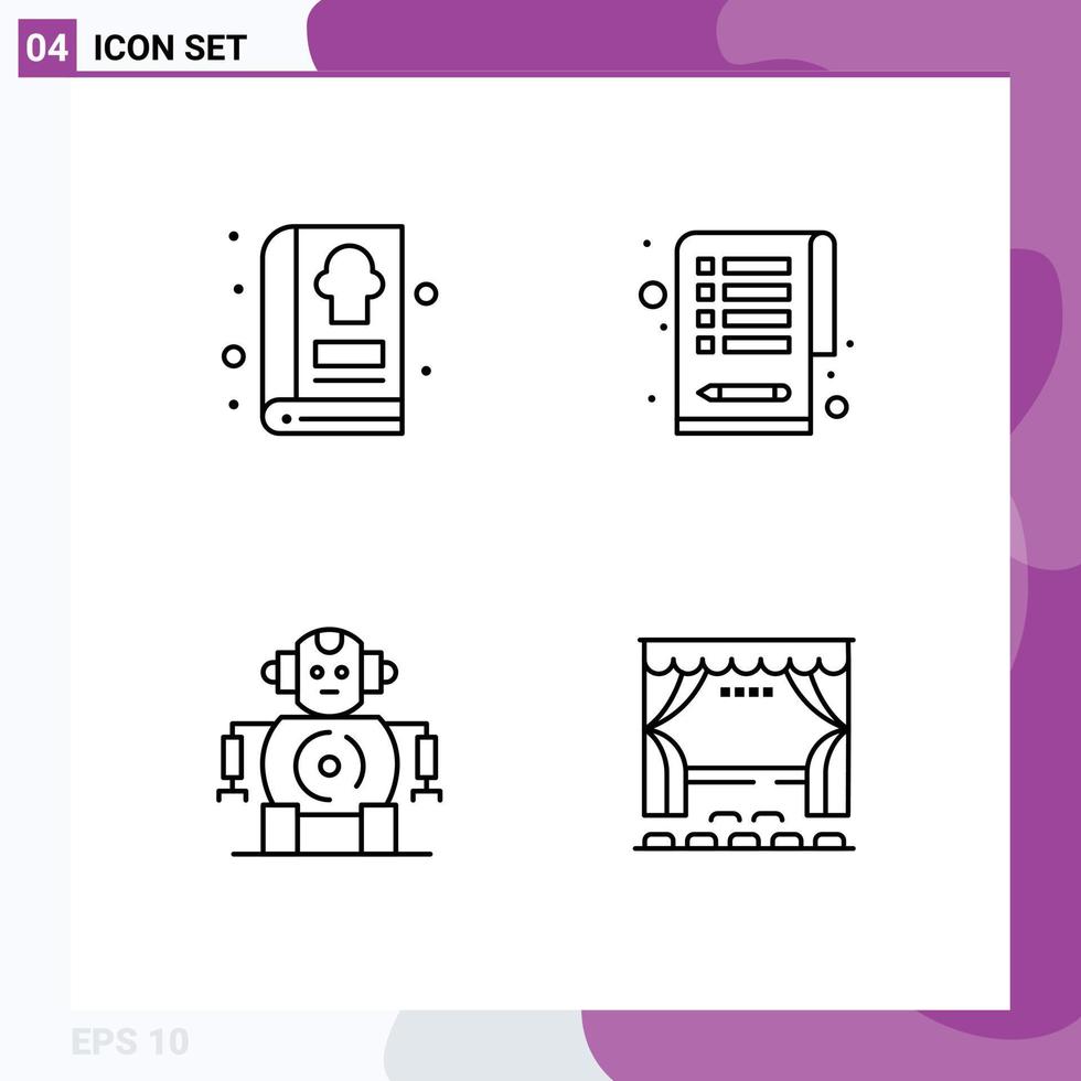 pacote de interface do usuário de 4 cores planas básicas de linhas preenchidas de tarefas de cozinha de tecnologia de livro elementos de design de vetores editáveis de cinema