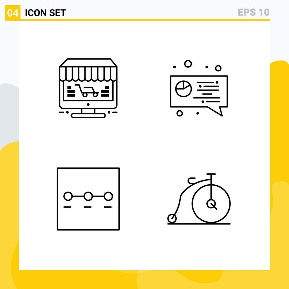 grupo de 4 sinais e símbolos de cores planas de linha preenchida para etapas de monitor armazenam elementos de design de vetores editáveis de bicicleta digital