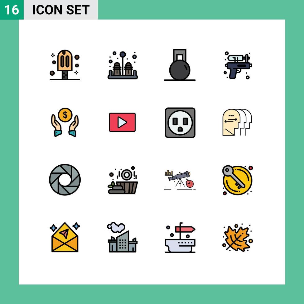 16 linhas preenchidas de cores planas de vetores temáticos e símbolos editáveis de dinheiro, seguro, ginásio, parque, pistola de água, elementos de design de vetores criativos editáveis