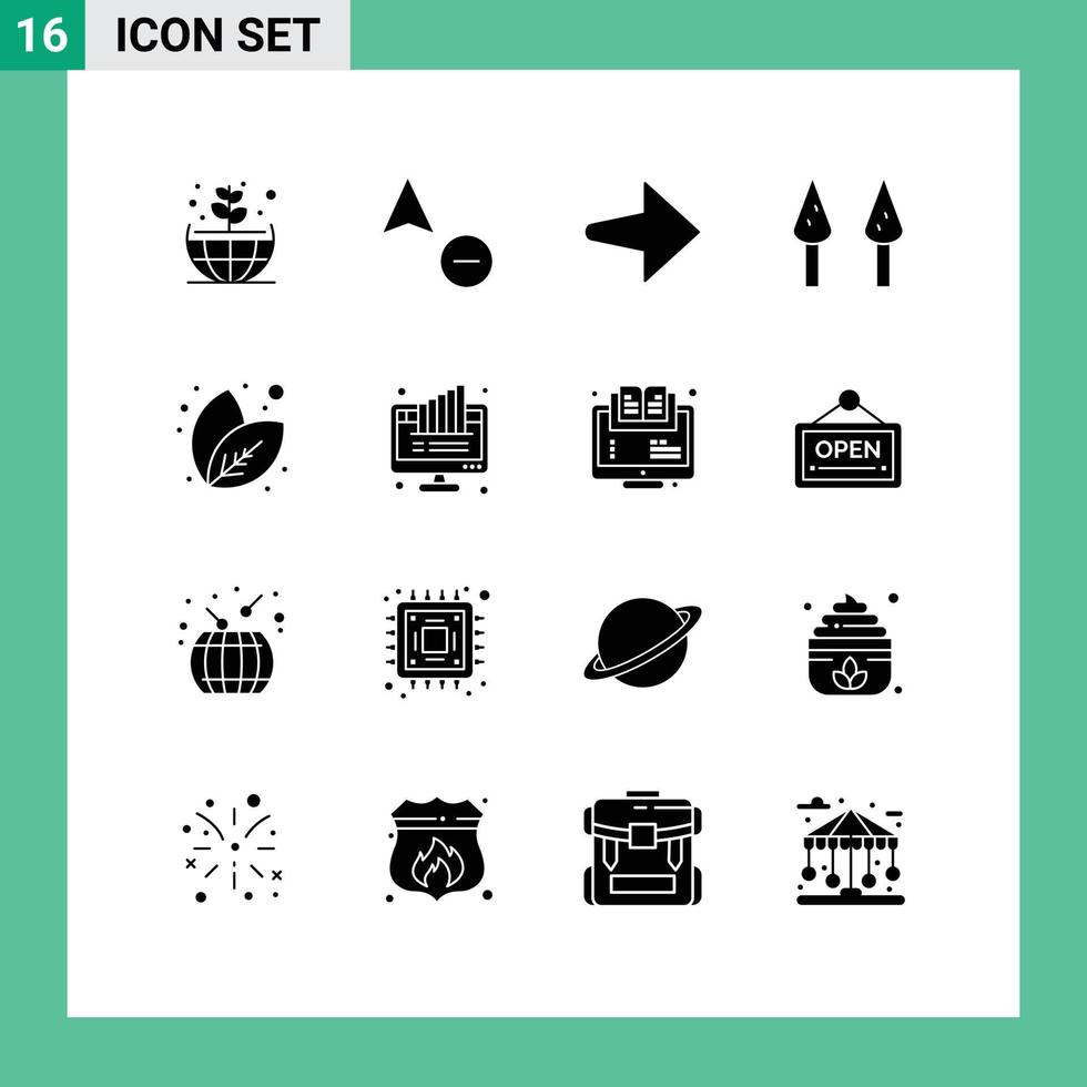 16 interface do usuário pacote de glifos sólidos de sinais e símbolos modernos de gráfico de espargos de computador de torta planta elementos de design de vetores editáveis