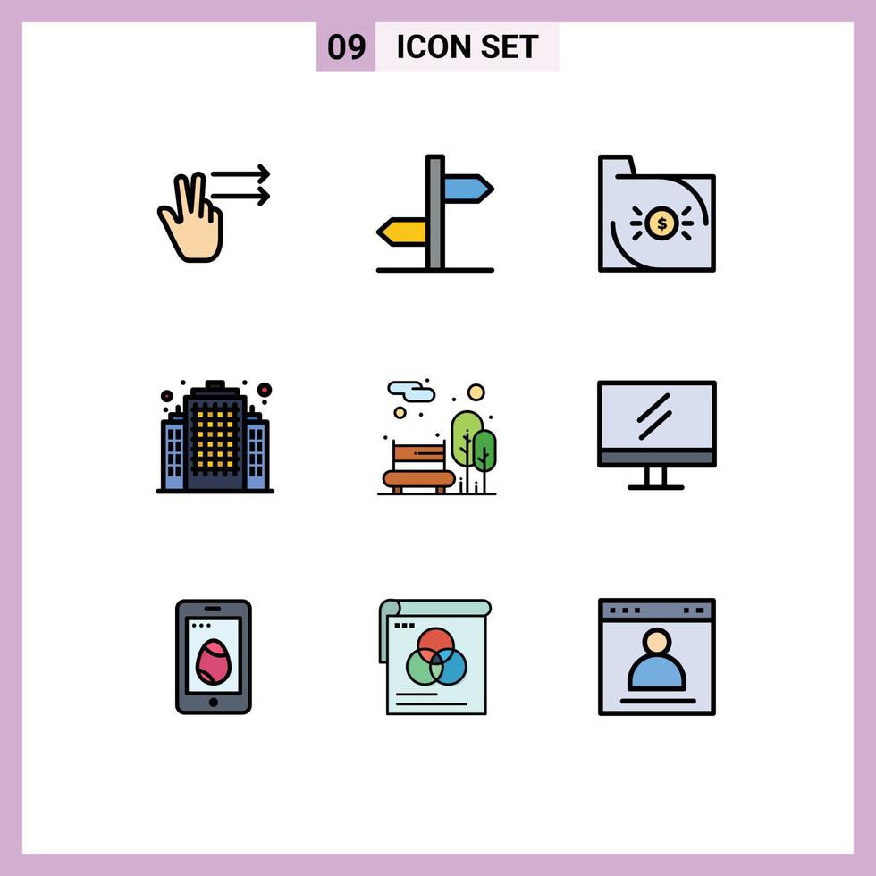 conjunto de pictogramas de 9 cores planas de linhas preenchidas simples de bancos de jardim, construção real, elementos de design de vetores editáveis