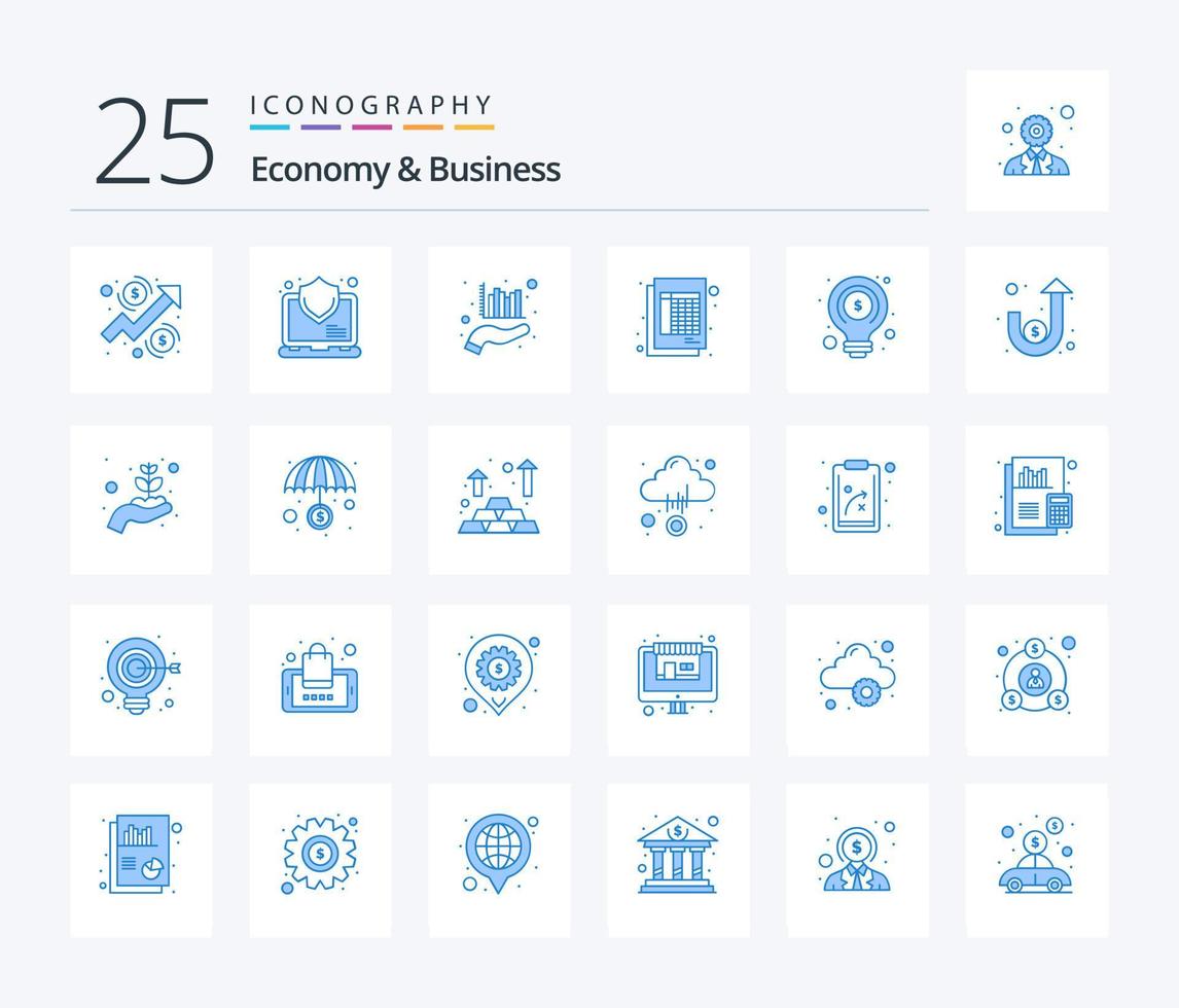 economia e negócios 25 pacote de ícones de cor azul, incluindo dinheiro. papel. análise. fatura. documento vetor
