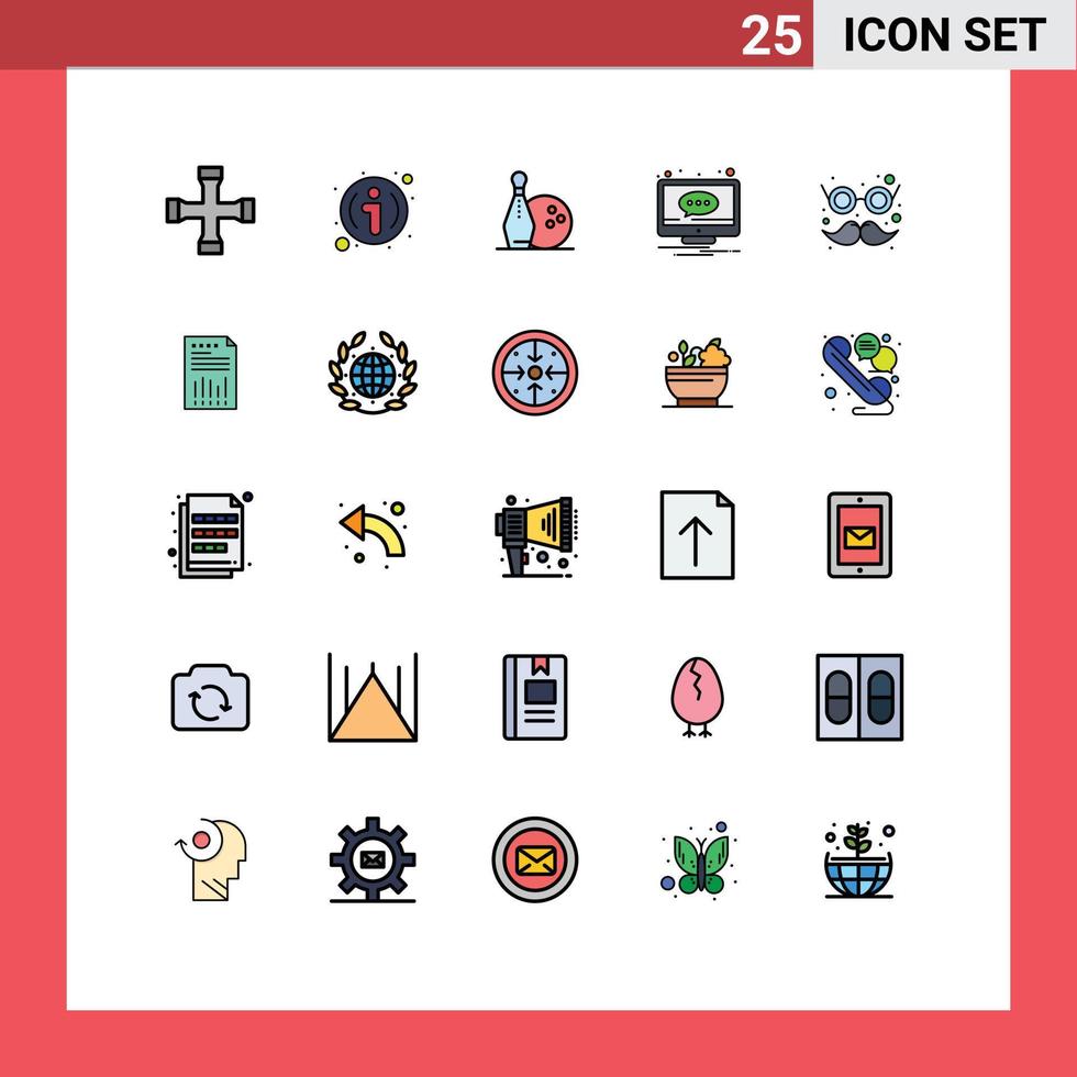 pacote de interface de usuário de 25 cores planas de linha preenchida básica de mensagem de atividade de notificação de óculos bate-papo elementos de design de vetores editáveis