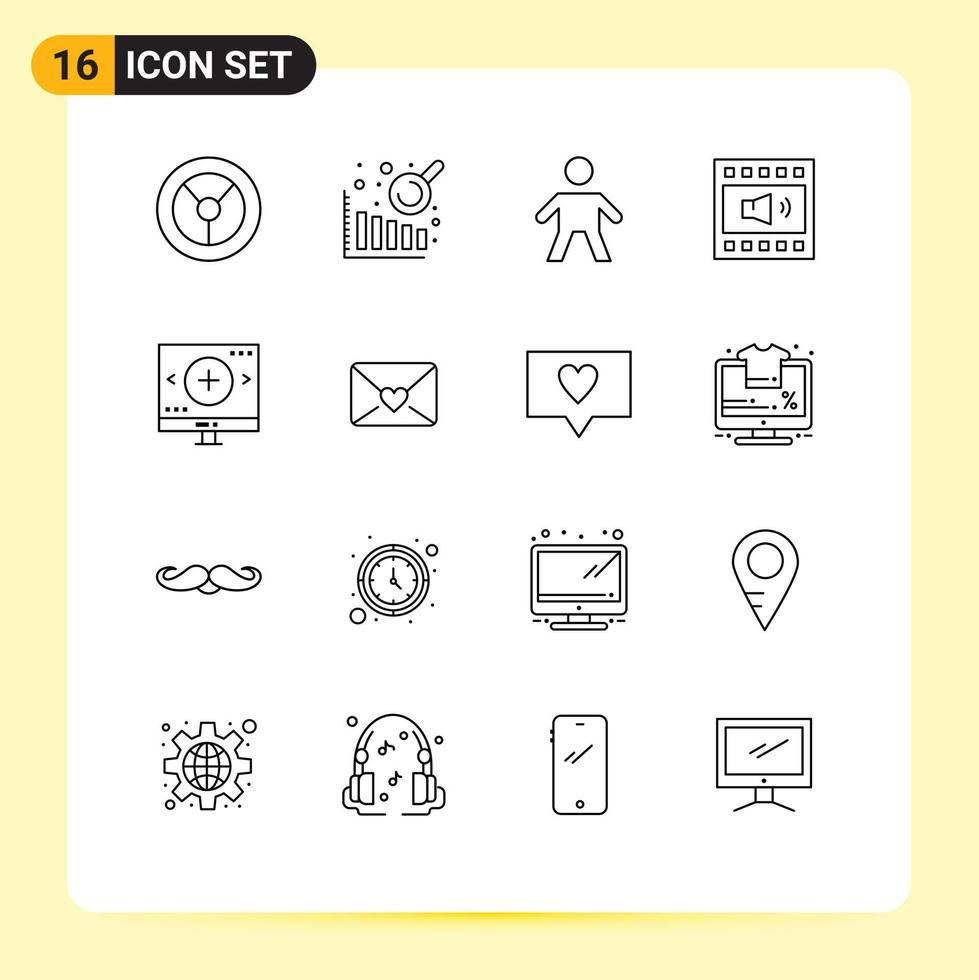16 contornos universais definidos para aplicações web e móveis lupa de correio alto-falante vidro computador elementos de design vetoriais editáveis vetor