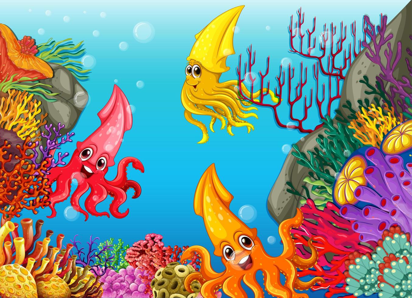 muitos personagens de desenho animado de lulas diferentes no fundo subaquático vetor