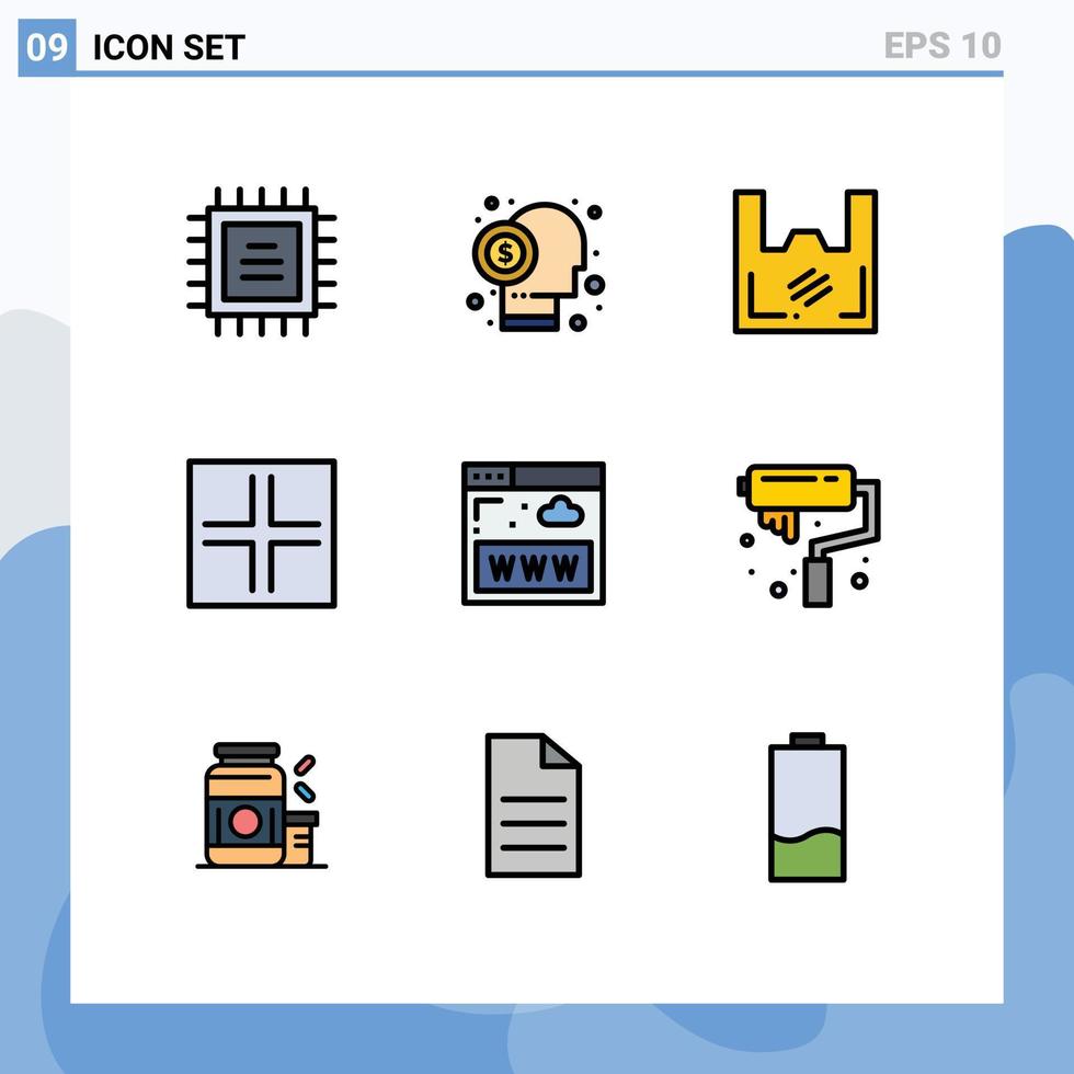 9 interface do usuário pacote de cores planas de linha cheia de sinais modernos e símbolos de sinais de internet saco símbolos supermercado elementos de design de vetores editáveis