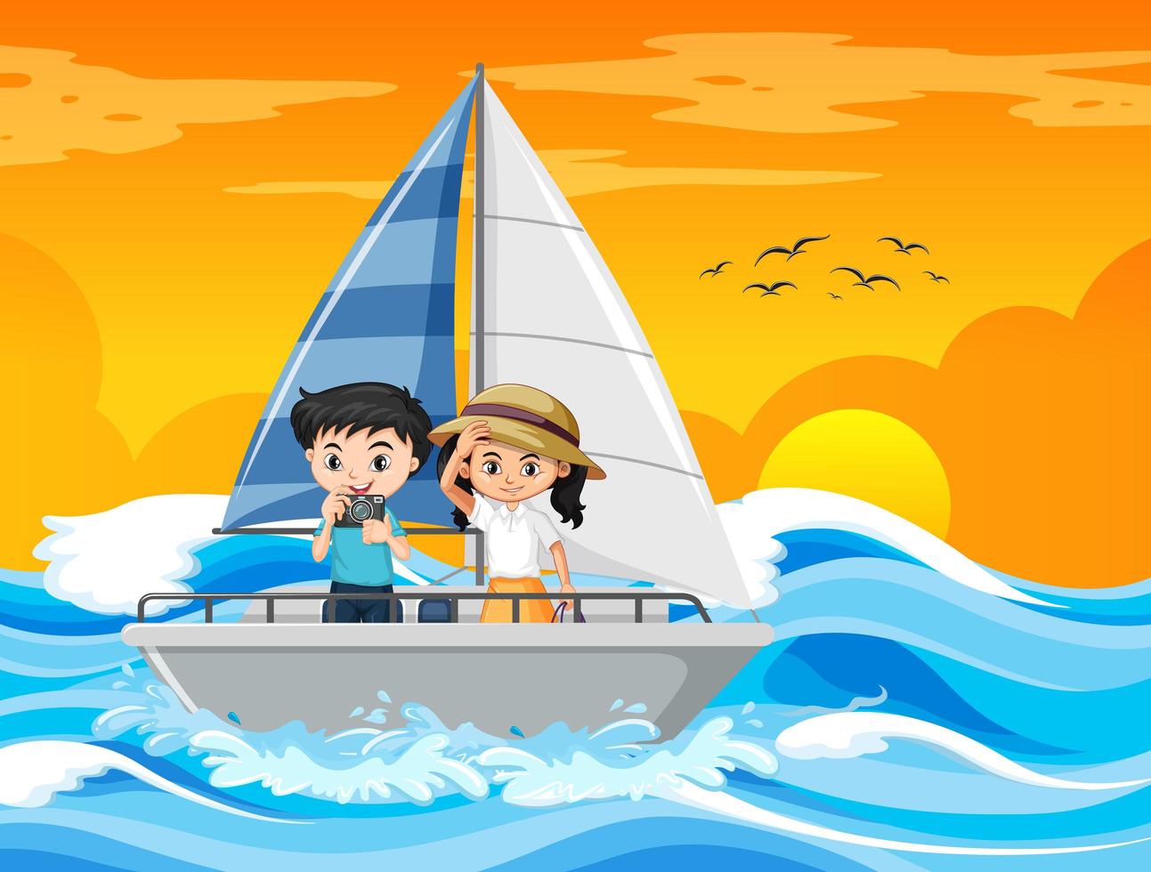 cena do pôr do sol na praia com um casal de crianças em um barco à vela vetor