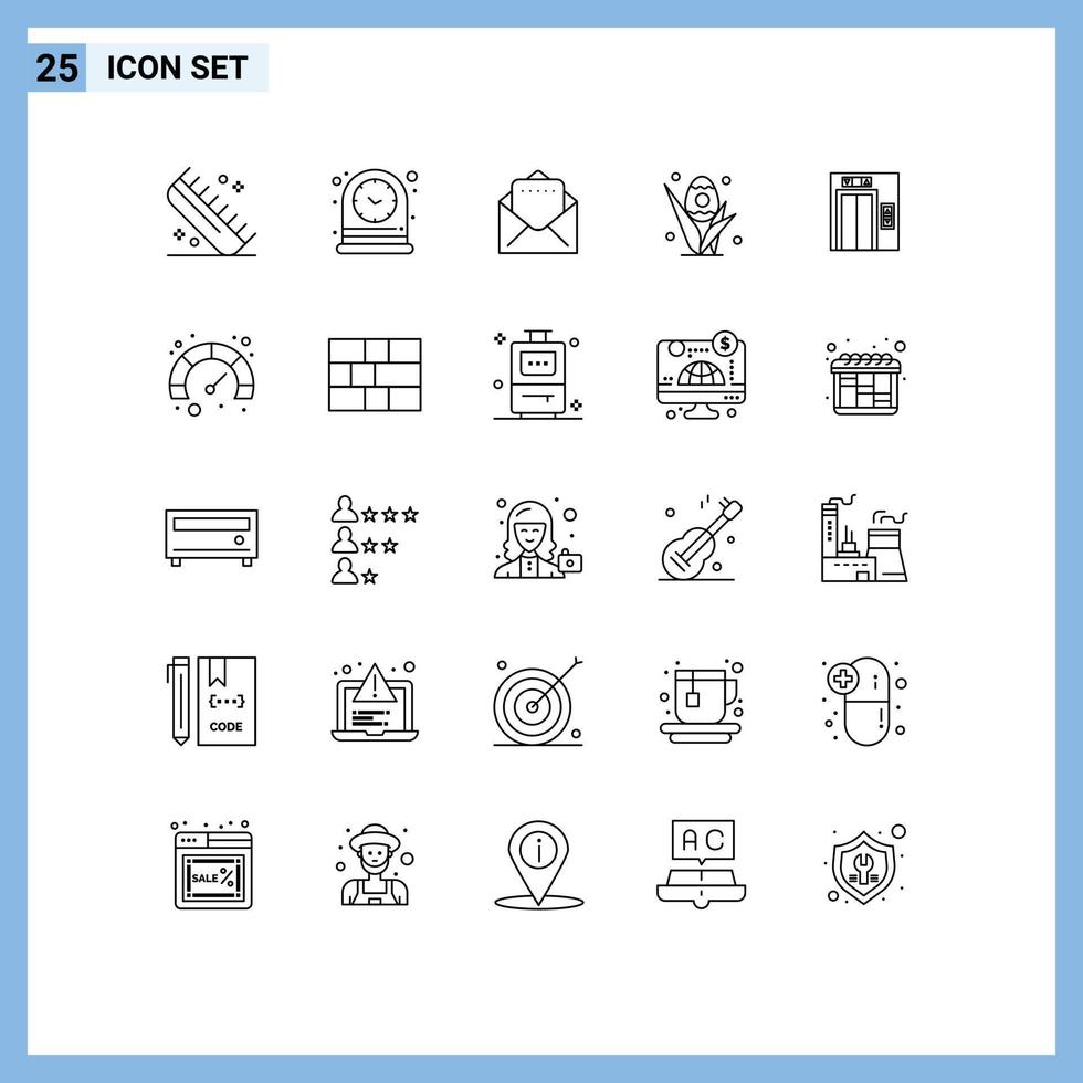 conjunto de linha de interface móvel de 25 pictogramas de relógio de elevação de construção, grama de páscoa, elementos de design de vetores editáveis