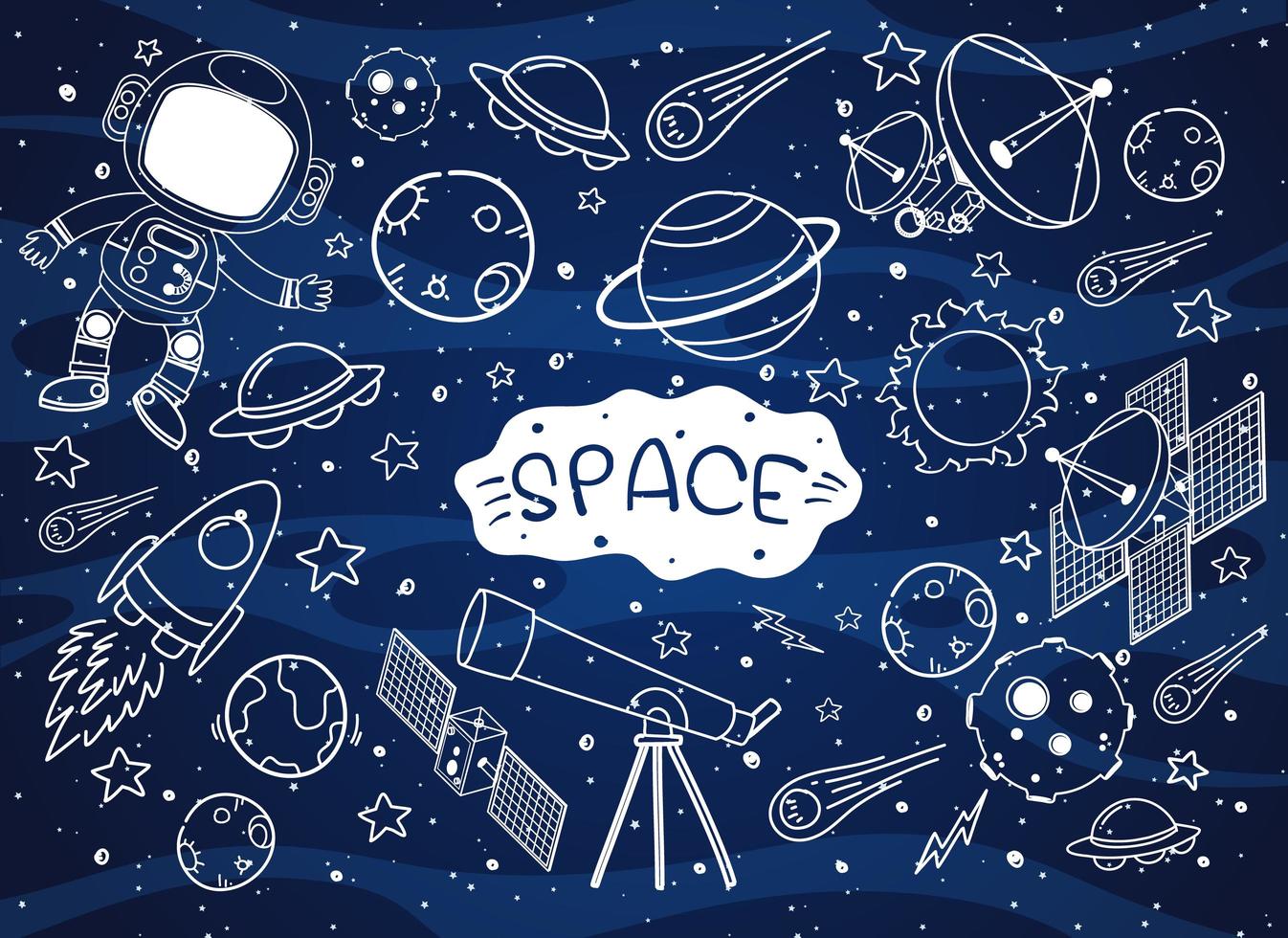 conjunto de elemento de espaço doodle isolado no fundo da galáxia vetor