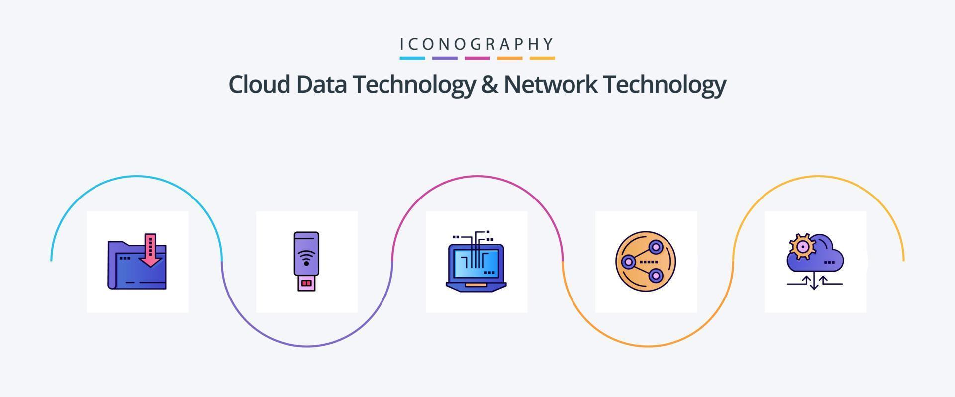 tecnologia de dados em nuvem e linha de tecnologia de rede preenchida com 5 ícones planos, incluindo configuração. meios de comunicação. computador. social. compartilhar vetor