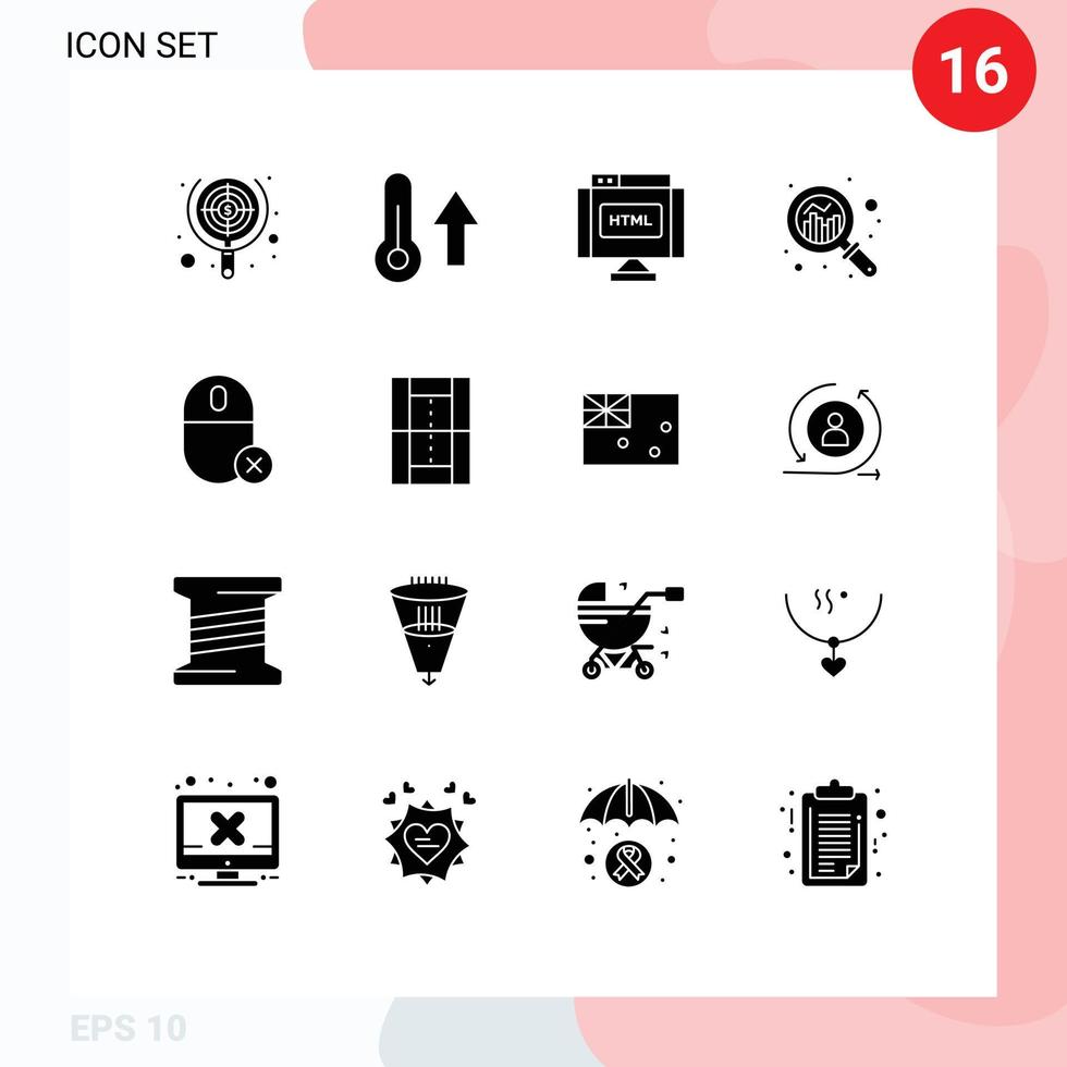 conjunto moderno de 16 glifos e símbolos sólidos, como análise de termômetro de crescimento gráfico html elementos de design de vetores editáveis