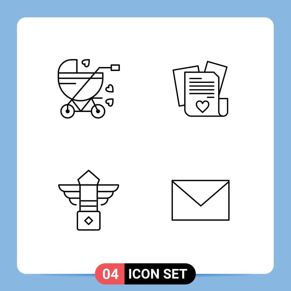 pacote de linha de 4 símbolos universais de carrinho de bebê leve coração canadá elementos de design de vetores editáveis