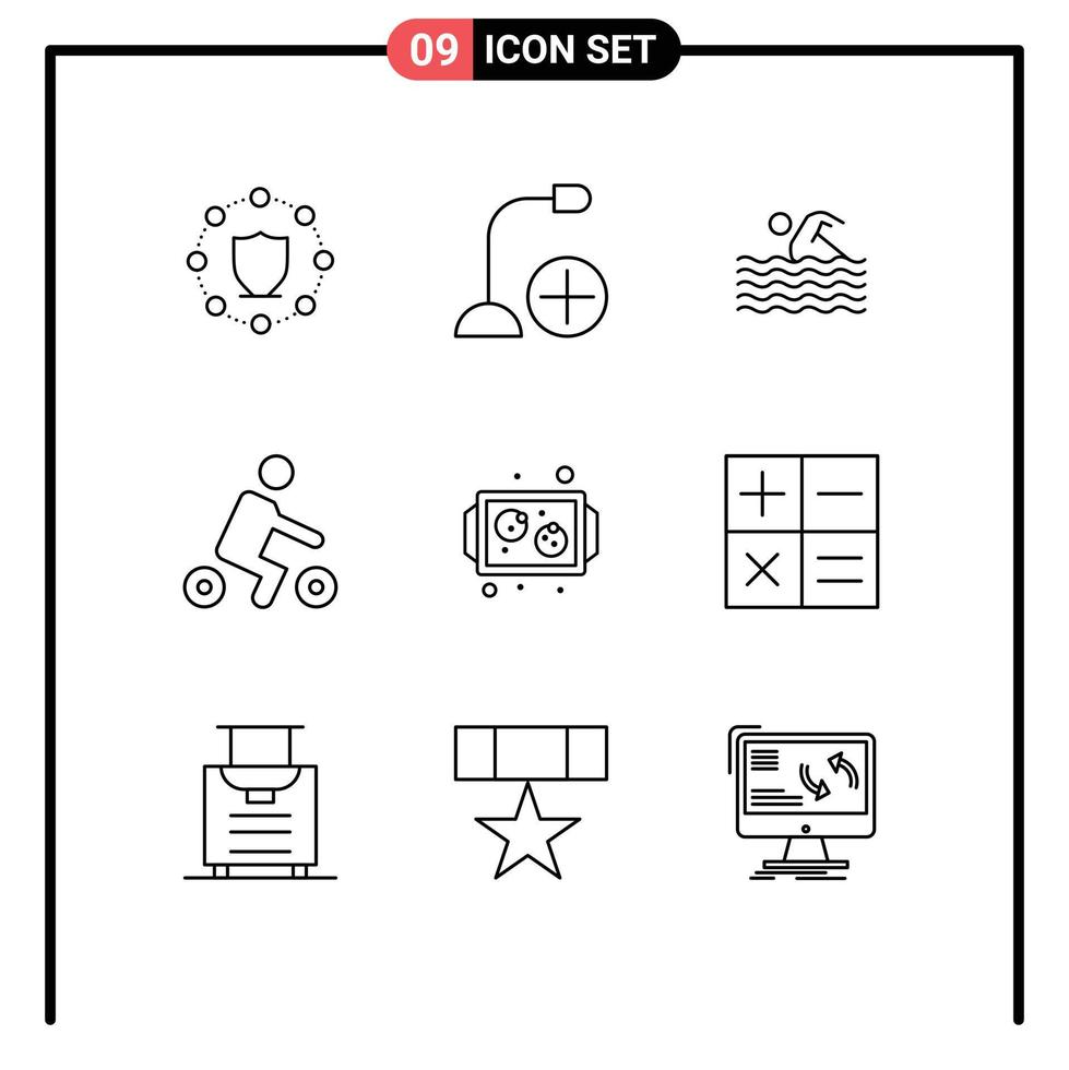 pacote de interface do usuário com 9 contornos básicos de hardware de transporte, bicicleta, natação, elementos de design de vetores editáveis