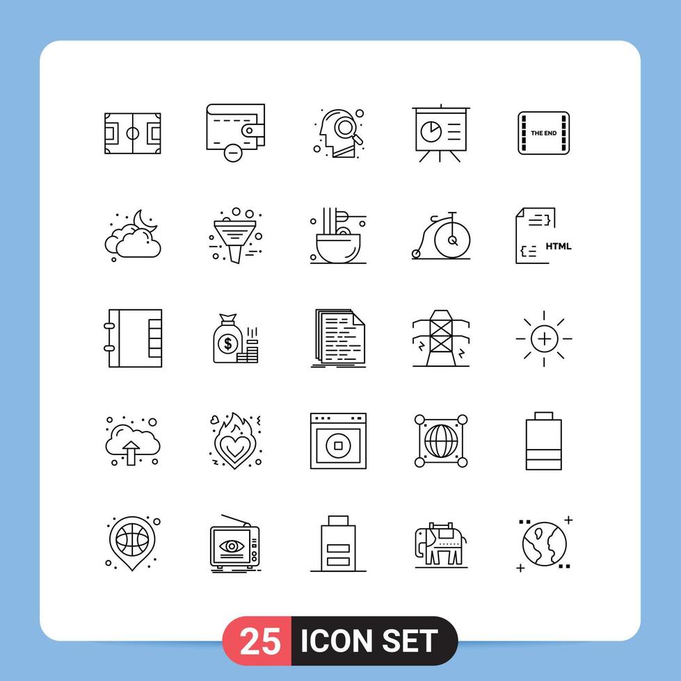 conjunto de 25 sinais de símbolos de ícones de interface do usuário modernos para análise de apresentação de cabeça de final de filme elementos de design de vetores editáveis