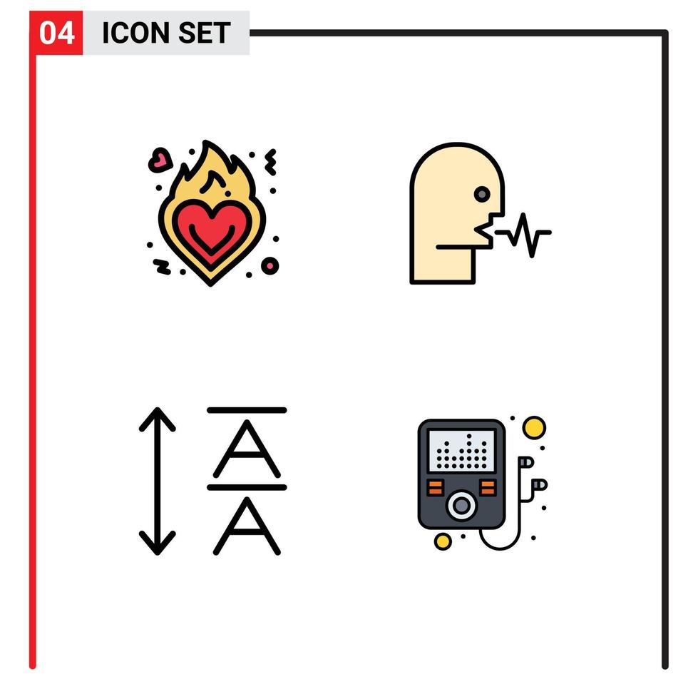 4 sinais de cor plana de linha preenchida universal símbolos de fonte de fogo romance pessoa dispositivo elementos de design de vetores editáveis