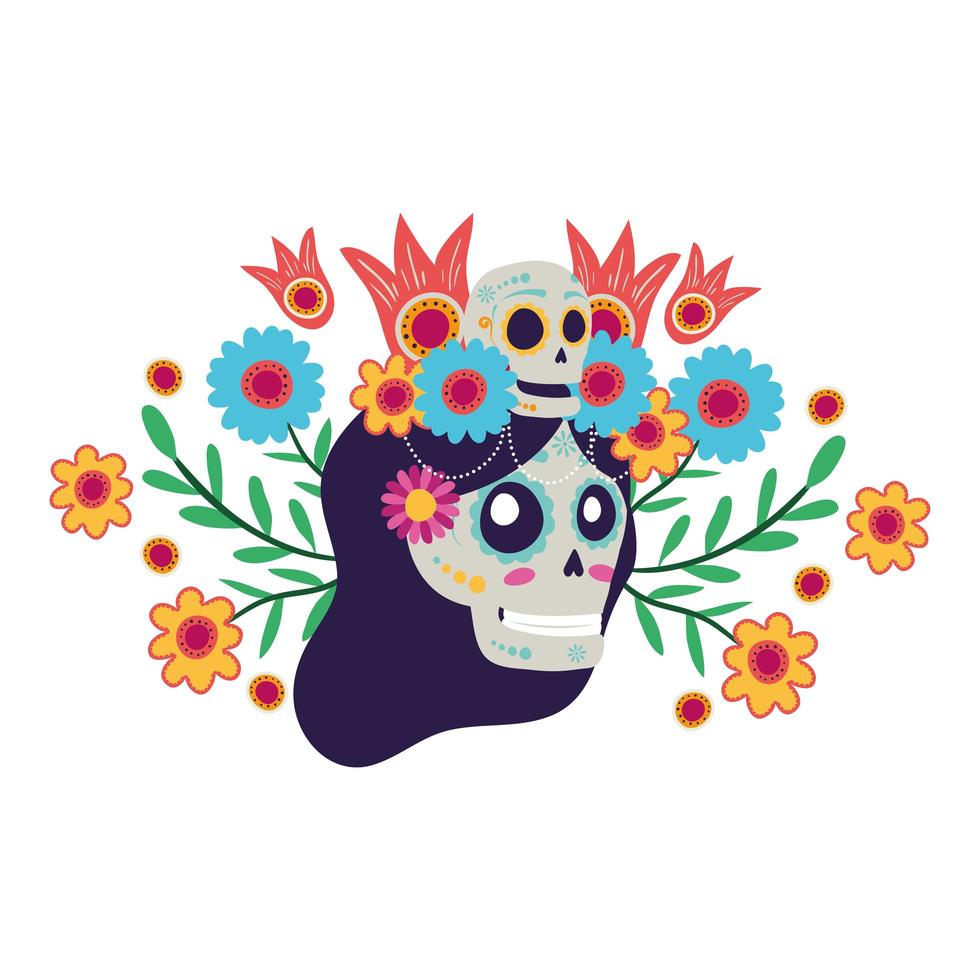 caveira catrina com personagem de quadrinhos decoração floral vetor