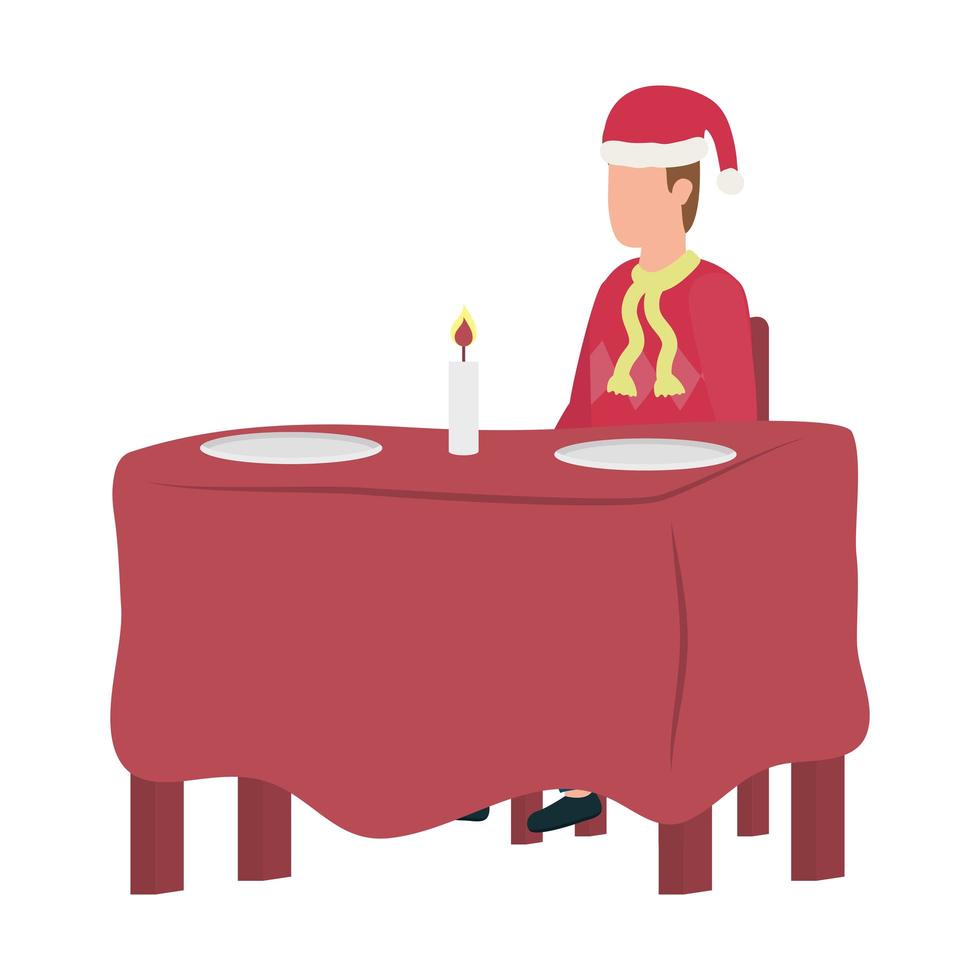 jovem com chapéu de natal na mesa de jantar vetor
