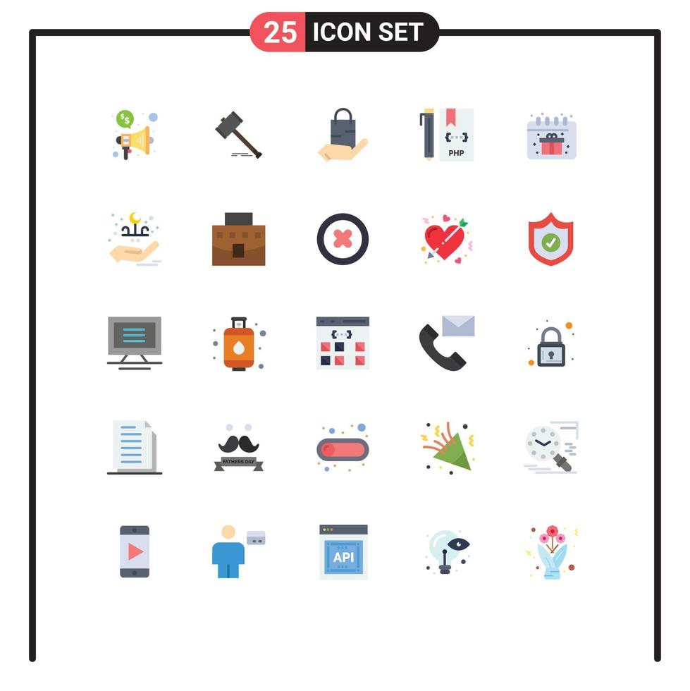 Pacote de cores planas de 25 interfaces de usuário de sinais e símbolos modernos de lei de codificação de desenvolvimento elementos de design de vetores editáveis do mercado manual
