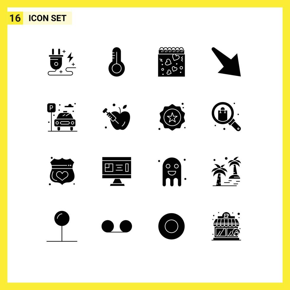pacote de 16 sinais e símbolos de glifos sólidos modernos para mídia impressa na web, como estacionamento, vida, coração, cidade, elementos de design vetorial editáveis vetor