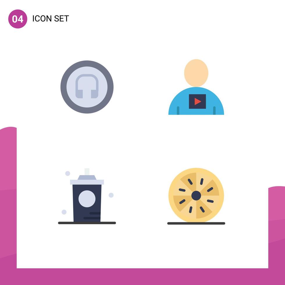 conjunto de pictogramas de 4 ícones planos simples de elementos de design de vetores editáveis de comida humana de interface de usuário de café de fone de ouvido